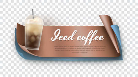 Iced coffee 3d realistic banner template in vector. Coffee house, cafe, menu, invitation, business card, flyer, packaging design with plastic disposable cup illustration on transparent background.のイラスト素材