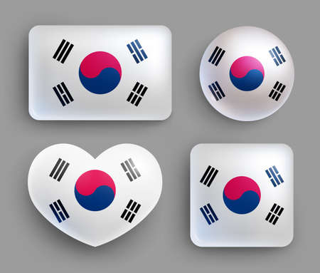 Set of glossy buttons with Korea country flag. Eastern Asia country national flag, shiny geometric shape badges. Korean symbols in patriotic colors realistic vector illustrationのイラスト素材