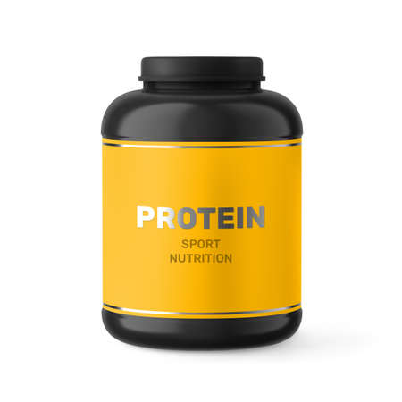 Black protein jar mockup with lid and label. Whey powder packaging, sport or dietary nutrition supplements black plastic container vector realistic illustration isolated on white backgroundのイラスト素材