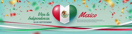 Viva La Independencia Mexico card 16 de Septiembre. Independence Day of Mexico horizontal festive banner, flyer, invitation card with national heart shaped flag vector realistic illustrationのイラスト素材