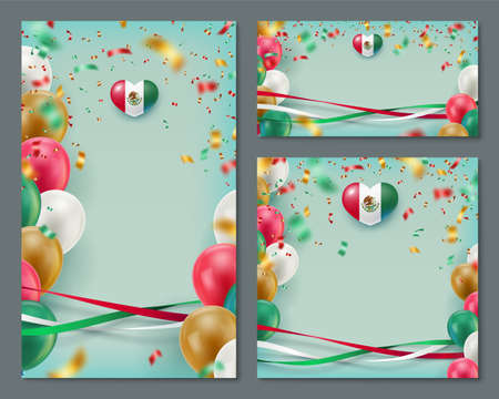 Happy Independence day of Mexico banners cards set. Mexican national patriotic holiday background with glossy inflatable balloons and flying confetti in patriotic colors realistic vector illustration.のイラスト素材