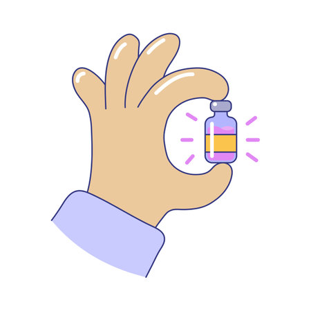 Hand holding medicine bottle doing ok sign gesture. Glass vial medical equipment, bottle of vaccine, scientific research concept cartoon vector illustration isolated on white backgroundのイラスト素材