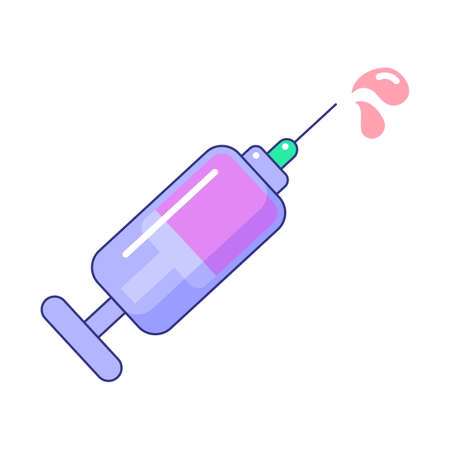 Medical plastic syringe with needle and pink liquid. Disease treatment, immunization, vaccine injection. Medical disposable syringe cartoon vector illustration isolated on white backgroundのイラスト素材