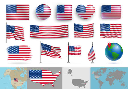 Set of American flags of various shapes and maps. Realistic waving flag of USA on pole, table flag, glossy 3d buttons and highly detailed map. National USA patriotic symbols vector illustrationのイラスト素材