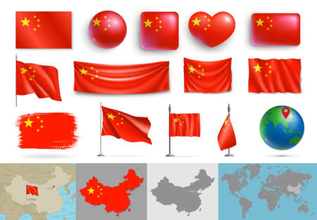 Set of China flags of various shapes and maps. Realistic waving Chinese flag on pole, table flag, glossy 3d buttons and highly detailed map, globe with identification of China vector illustrationのイラスト素材