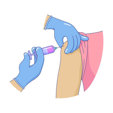 Doctor hand making vaccination to patient with syringe. Vaccination, immunization or medical treatment. Preventive medicine vector illustration on white backgroundのイラスト素材