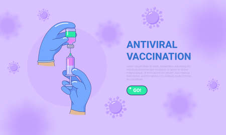 Antiviral vaccination web page template, Covid-19 vaccine shot. Stop Coronavirus pandemic immunization campaign. Medical center information landing page, banner vector illustrationのイラスト素材