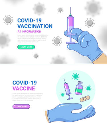 Covid-19 vaccination campaign information set of web banners. Stop Coronavirus pandemic. Disease prevention, immunization, healthcare. Medical center landing page, banner vector illustrationのイラスト素材