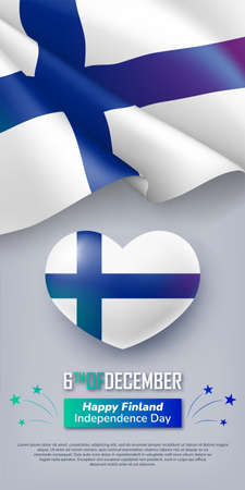 6th of December Happy Finland Independence Day web banner. Finnish national holiday card, flyer, poster. Celebration background with heart and flag in patriotic colors realistic vector illustrationのイラスト素材