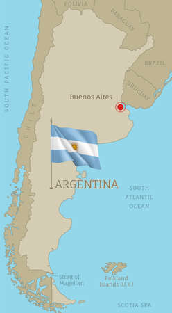 Highly detailed Argentinian map with flag and labelings. Editable map of Argentina with region borders, neighboring countries, national waving flag and Buenos Aires capital city vector illustrationのイラスト素材
