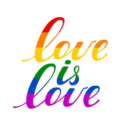 Love is love hand drawn lettering phrase rainbow colors. Human rights and tolerance positive quote for prints, badges, stickers, banner. Lesbian, bisexual, transgender concept vector illustrationのイラスト素材