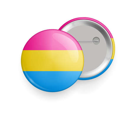Pansexual pride round glossy metallic 3d badge mockup. Lgbt flag, official symbol of the community. Front and back side of pin button realistic vector illustrationのイラスト素材