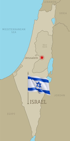 Highly detailed Israeli map with flag and labelings. Editable gray map of Israel with region borders, neighboring countries, national waving flag and Jerusalem capital city vector illustrationのイラスト素材