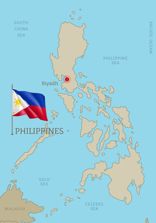 Highly detailed Philippine map with flag and labelings. Editable gray map of Philippines with region borders, neighboring countries, national waving flag and Riyadh capital city vector illustrationのイラスト素材