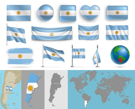 Argentina flags of various shapes and geographic map set. Realistic Argentinian flags, glossy buttons in patriotic colors, highly detailed map and globe with identification pin vector illustrationのイラスト素材