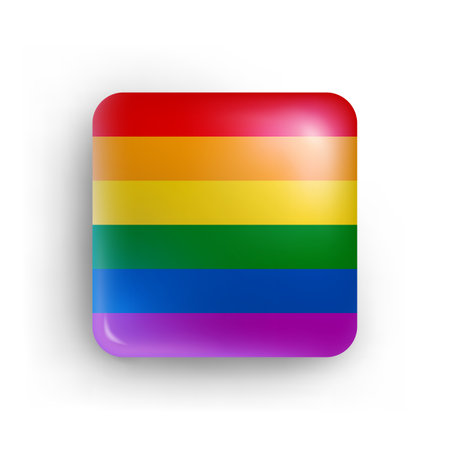 Lgbt flag of square shape in rainbow colors. Love wins. Gay pride, transgender, lesbian community glass button, icon, sticker realistic vector illustrationのイラスト素材