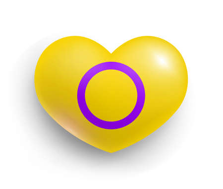Intersex pride flag of heart shape glossy badge. Lgbtq flag, official symbol of intersex community or movement realistic vector illustration. Tolerance, freedom, rights, equality 3d buttonのイラスト素材