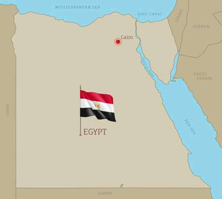 Highly detailed map of Egypt with national flag. Editable Egyptian gray map with region borders, neighboring countries, waving flag and Cairo capital city vector illustrationのイラスト素材