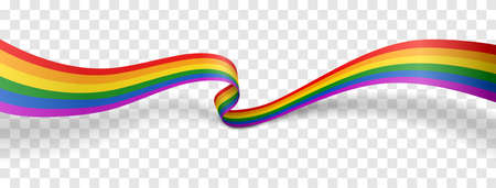 Waving ribbon of LGBT pride isolated on transparent background. LGBTQ colors flag. Love, freedom, support and rights realistic vector illustration.のイラスト素材