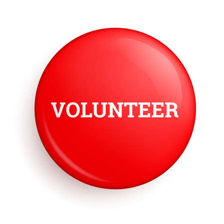 Volunteer red round glossy 3d pin button label. Metal or plastic badge mockup with text realistic...