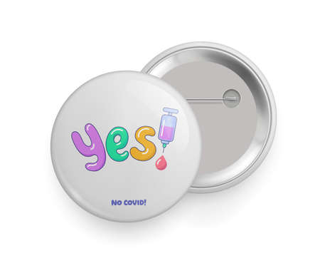 No covid metallic pin button vaccination badge sign. Immunization campaign round glossy 3d pin button front and back side realistic vector illustration isolated on whiteのイラスト素材