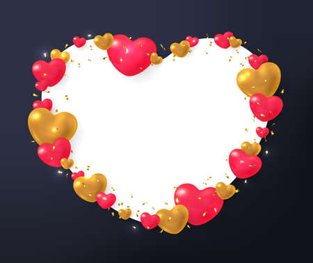 Festive frame of heart shape with space for text. Greeting, invitation card or flyer design template decorated with glossy red and gold hearts realistic vector illustration on black backgroundのイラスト素材