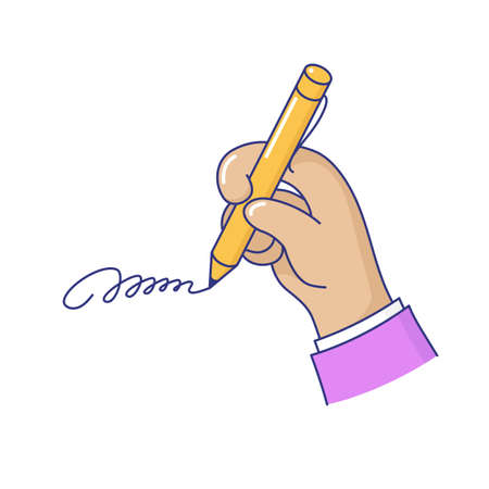 Human hand holding ball pen and writing signature. Businessman hand writing on paper, signing of business contract cartoon vector illustration isolated white backgroundのイラスト素材