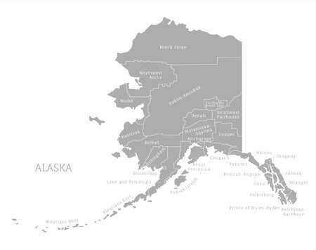 Highly detailed gray map of Alaska state, USA. Administrative Alaskan map with territory borders and names of departments vector illustration isolated on white backgroundのイラスト素材