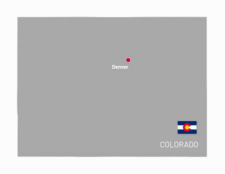 Gray border map of Colorado federal state, USA. Highly detailed editable map of Colorado with Sacramento capital city and official flag realistic vector illustrationのイラスト素材