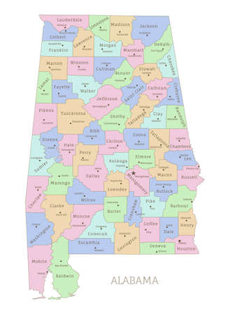 Alabama state administrative map with names of departments. US American Federal State highly detailed map with territory borders vector illustration on white backgroundのイラスト素材