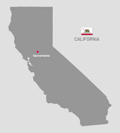 Gray map of Federal State of California, USA. Highly detailed editable map of California federal state with Sacramento capital city and flag realistic vector illustrationのイラスト素材