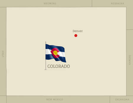 Border map of Colorado US state with waving flag. Highly detailed editable map of USA federal state with territory borders and Sacramento capital city realistic vector illustrationのイラスト素材
