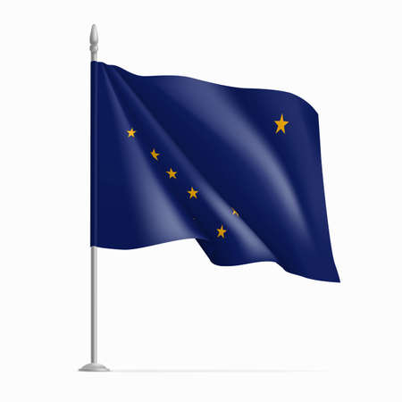 Realistic waving flag of Alaska federal state on flagpole. National flag of US State of Alaska fluttered in the wind. American patriotic element isolated on white backgroundのイラスト素材