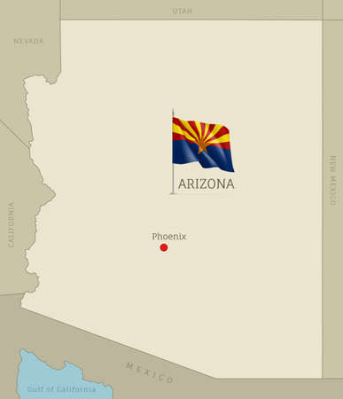 Arizona USA State highly detailed map with waving flag. Editable map of USA Federal State with territory borders and capital city, political or geographical design realistic vector illustrationのイラスト素材