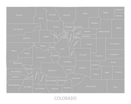 Colorado highly detailed gray color map, US state. Administrative map of Colorado with territory borders and counties names labeled realistic vector illustrationのイラスト素材