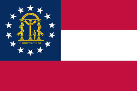 Flag of Georgia, symbol of USA federal state. Georgian full frame federal flag with three red and white stripes and state coat of arms on blue field in upper left corner realistic vector illustrationのイラスト素材
