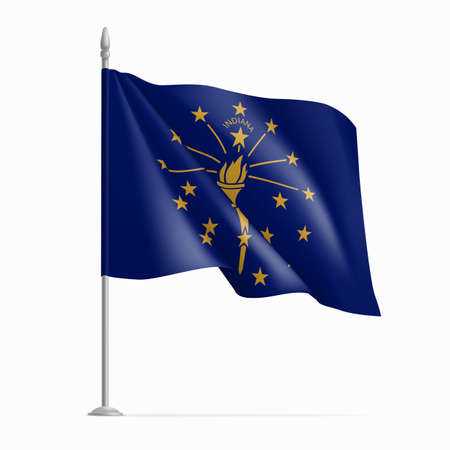 Waving flag of Indiana on flagpole, USA federal state. National wavy flag of Indiana state, symbol of patriotism realistic vector illustrationのイラスト素材