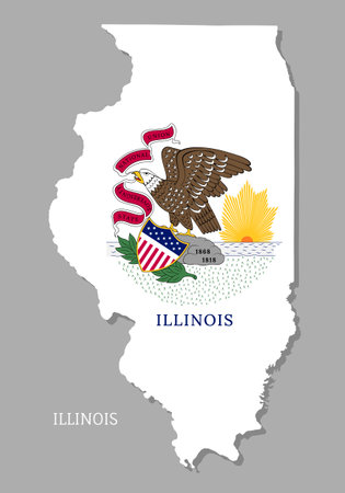 Map of Illinois USA federal state with flag inside. Highly detailed map of Illinois American state with territory borders and national flag realistic vector illustrationのイラスト素材