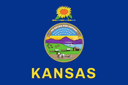 Flag of Kansas, symbol of USA federal state. Kansasian full frame federal flag with state seal on dark blue field, symbol of nature and history of Kansas realistic vector illustrationのイラスト素材