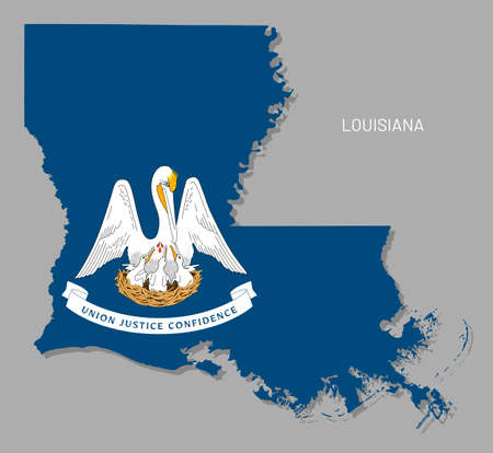 Map of Louisiana USA federal state with flag inside. Highly detailed map of Southern region of America with territory borders and national flag vector illustrationのイラスト素材
