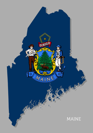 Map of Maine USA federal state with flag inside. Highly detailed map of Maine American state with territory borders and national flag realistic vector illustrationのイラスト素材