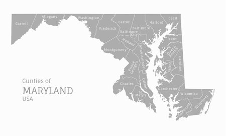 Counties of Maryland, gray map of US state. Highly detailed administrative map of Maryland with territory borders and county names labeled realistic vector illustrationのイラスト素材