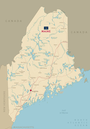 Road map of Maine, US American federal state. Editable highly detailed transportation map of Maine with highways and interstate roads, rivers and cities realistic vector illustrationのイラスト素材