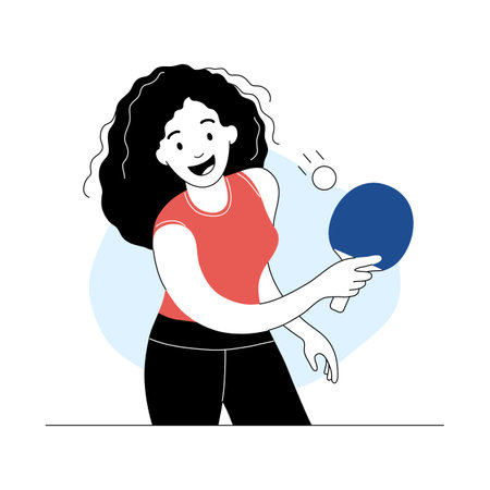 Cheerful girl playing table tennis with racket and ball. Professional table tennis female player. Healthy lifestyle, sports activity cartoon thin line vector illustrationのイラスト素材