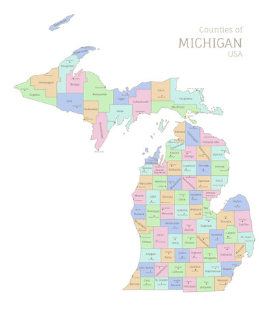 Counties of Michigan, administrative map of USA federal state. Highly detailed color map of American region with territory borders and counties names labeled realistic vector illustrationのイラスト素材