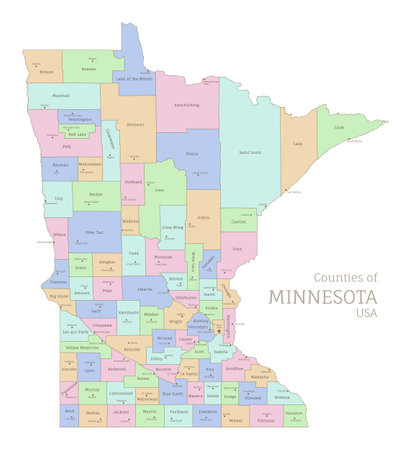 Counties of Minnesota, administrative map of USA federal state. Highly detailed color map of American region with territory borders and counties names labeled realistic vector illustrationのイラスト素材