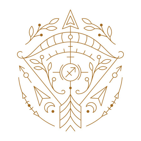 Sagittarius zodiac astrology horoscope stylized sign thin line. Archer symbol of esoteric, zodiacal astrological calendar, horoscope constellation vector illustrationのイラスト素材