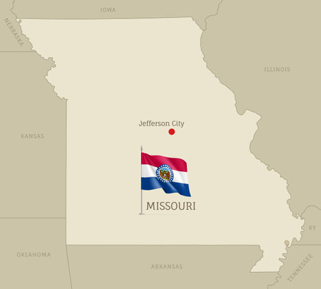 Map of Missouri USA federal state with waving flag. Highly detailed editable map of Missouri state with territory borders, neighboring states and Jefferson City capital flat vector illustrationのイラスト素材
