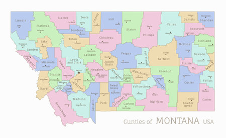 Counties of Montana, administrative map of USA federal state. Highly detailed color map of Montana American region with territory borders and counties names labeled vector illustrationのイラスト素材
