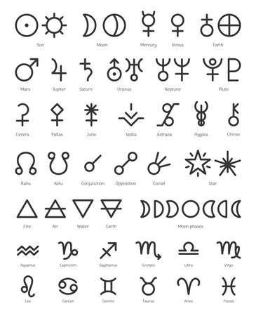 Zodiac symbols, constellations, planets and four elements set. Ritual astrology, ancient alchemy, horoscope signs, planet symbols and Moon phases pictogram elements outline vector illustrationのイラスト素材